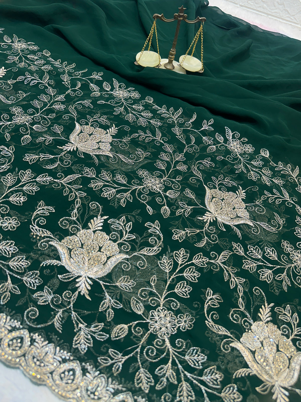 Dark Green Designer Saree With Dupatta – Elegant Floral Embroidery
