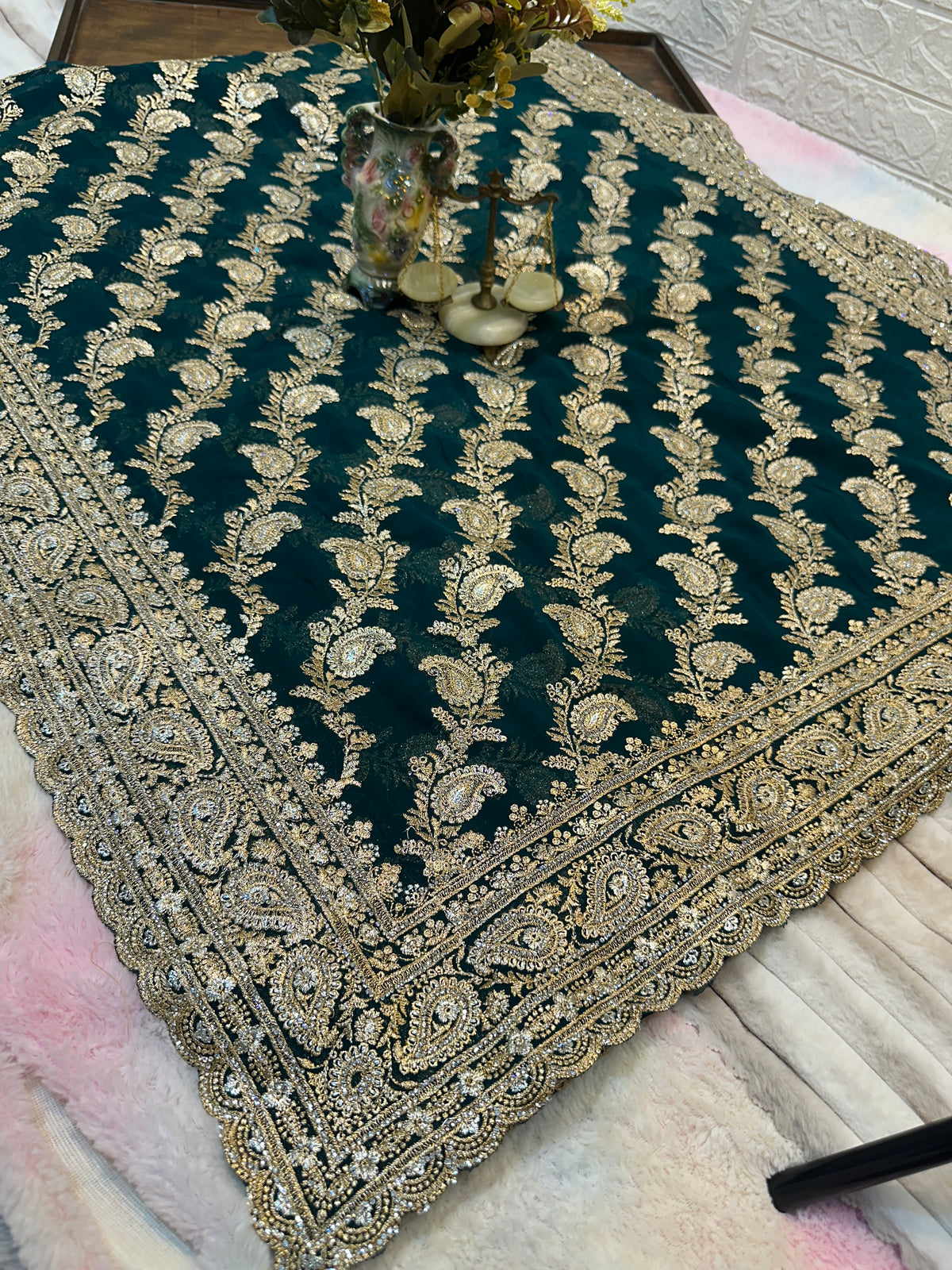 Premium Teal Green Saree with Dupatta | Heavy Zari & Embroidery Work
