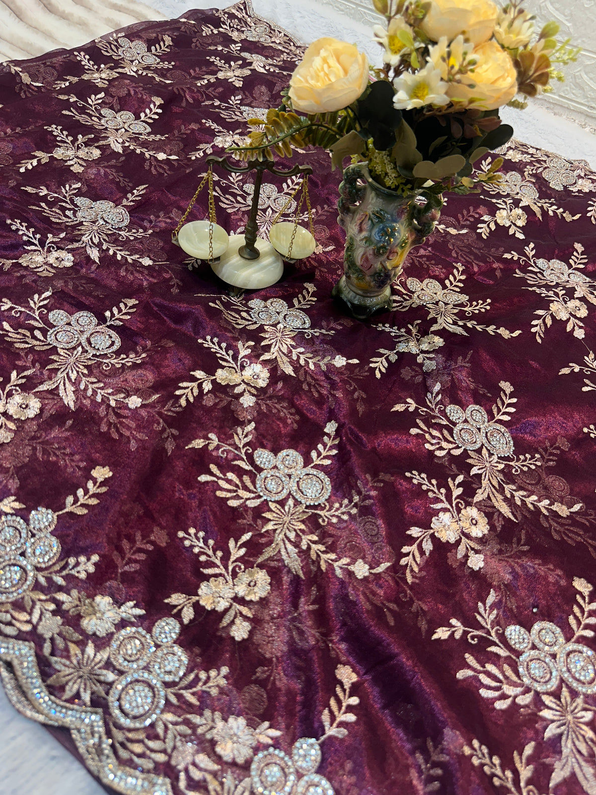 BUY 1 GET 1 FREE – Royal Burgundy Floral Embroidered Saree