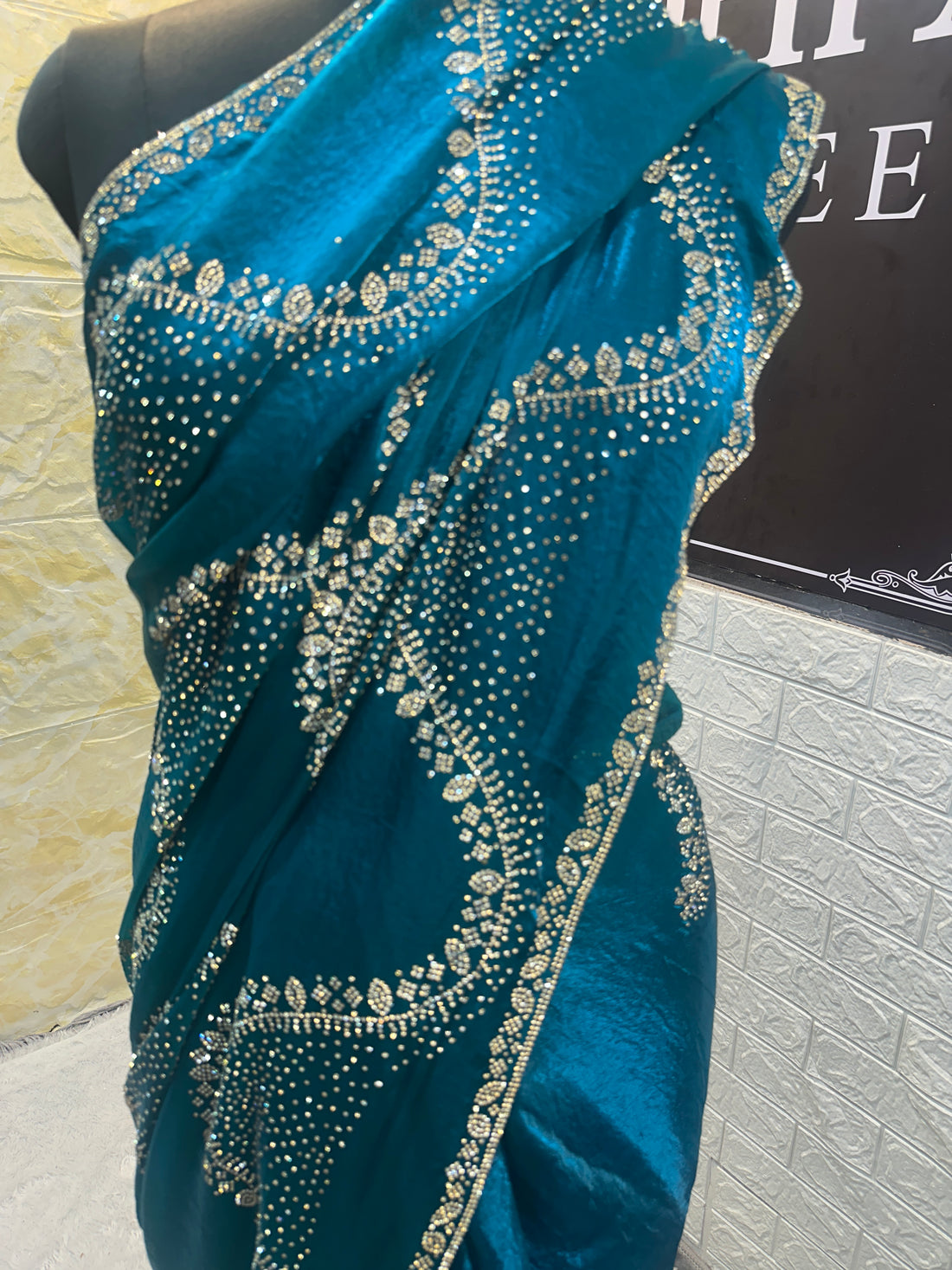 Premium Turquoise Blue Fendi Saree with Elegant Stone Work – Luxury Designer Party Wear, Wedding & Festive Collection