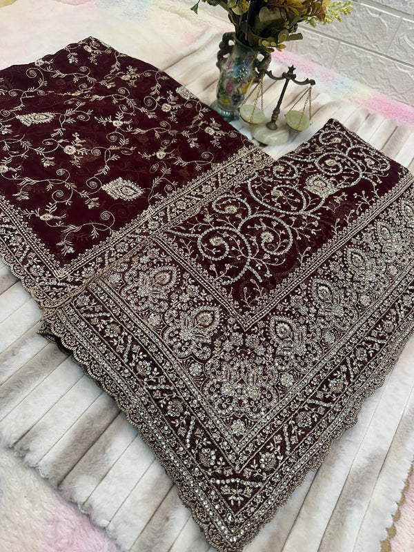 Premium Dark Wine Embroidered Saree With Dupatta