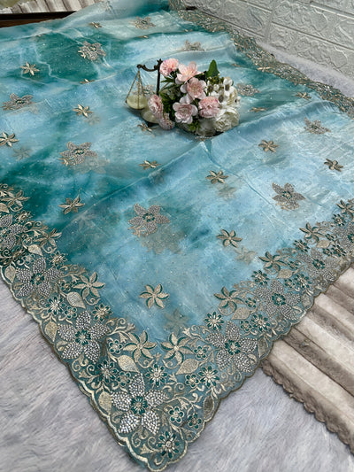 BUY 1 GET 1 FREE – Aqua Blue Floral Embroidered Saree