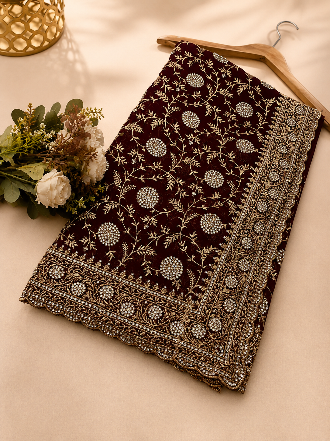 Royal Wine Designer Saree with Intricate Zarkhan & Golden Work