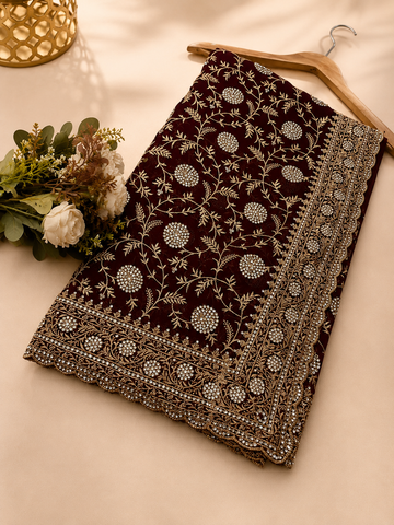 Royal Wine Designer Saree with Intricate Zarkhan & Golden Work