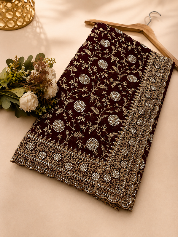 Royal Wine Designer Saree with Intricate Zarkhan & Golden Work