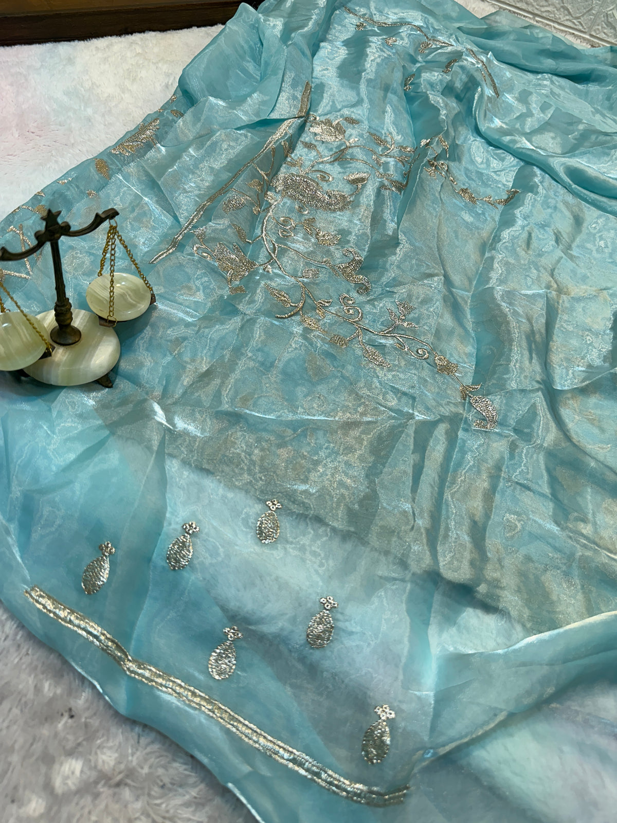 Buy 1 Get 1 FREE – Premium Aqua Blue Zari Work Saree ✨