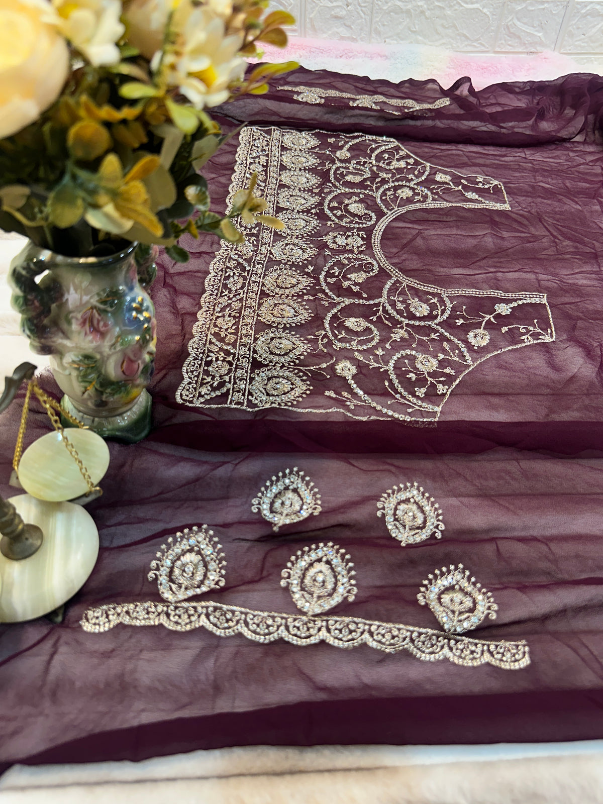 Premium Dark Wine Embroidered Saree With Dupatta