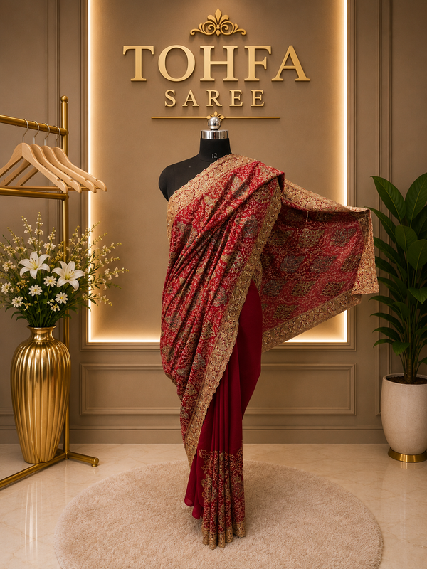Premium Maroon Georgette Kashmiri Work Saree | Heavy Designer Party Wear |