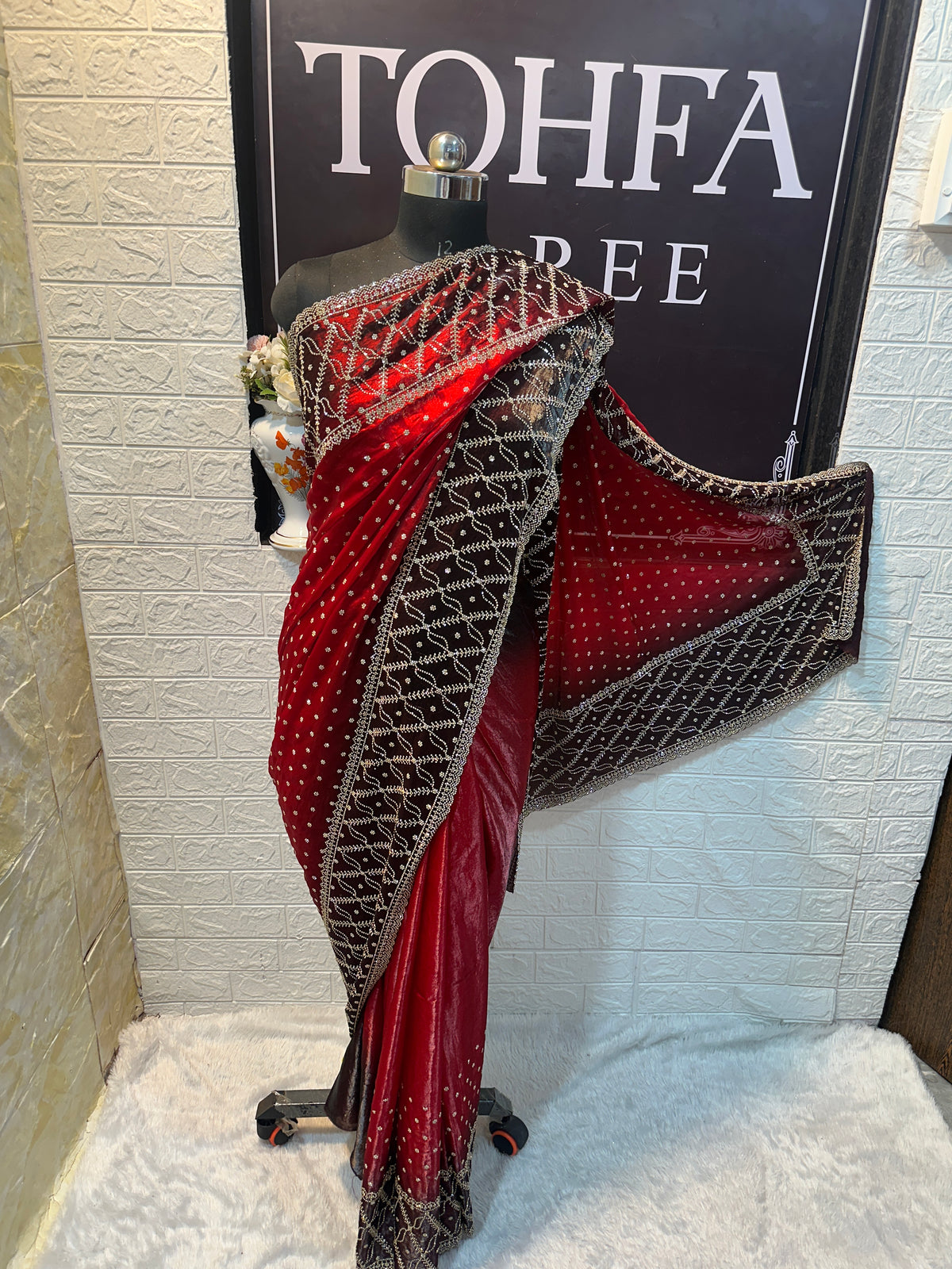 Elegant Red Shadow Zarkhan Designer Saree