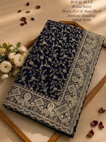 Elegant Blue Georgette Saree with Zari & Rarkhan Work – Luxury Wedding Collection