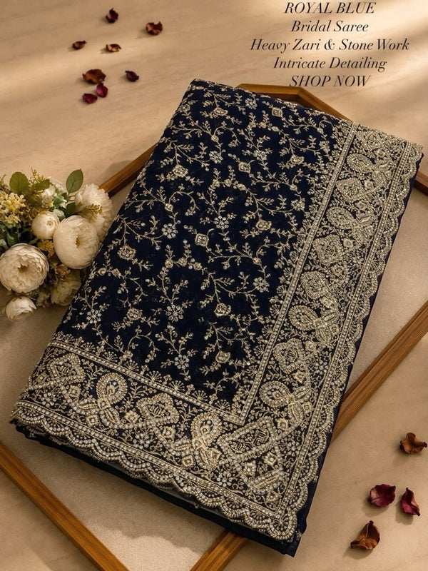 Elegant Blue Georgette Saree with Zari &ZARKHAN Work – Luxury Wedding Collection