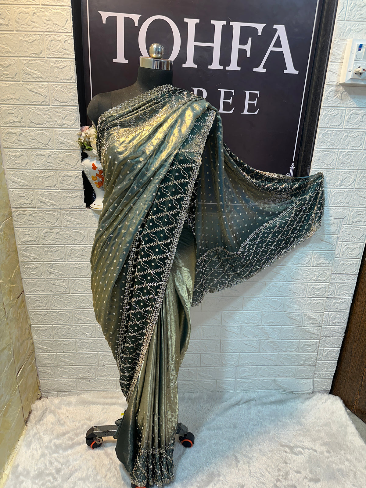 Olive Green Shadow Zarkhan Saree – Premium DESIGNER Collection