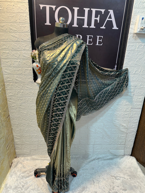 Olive Green Shadow Zarkhan Saree – Premium DESIGNER Collection