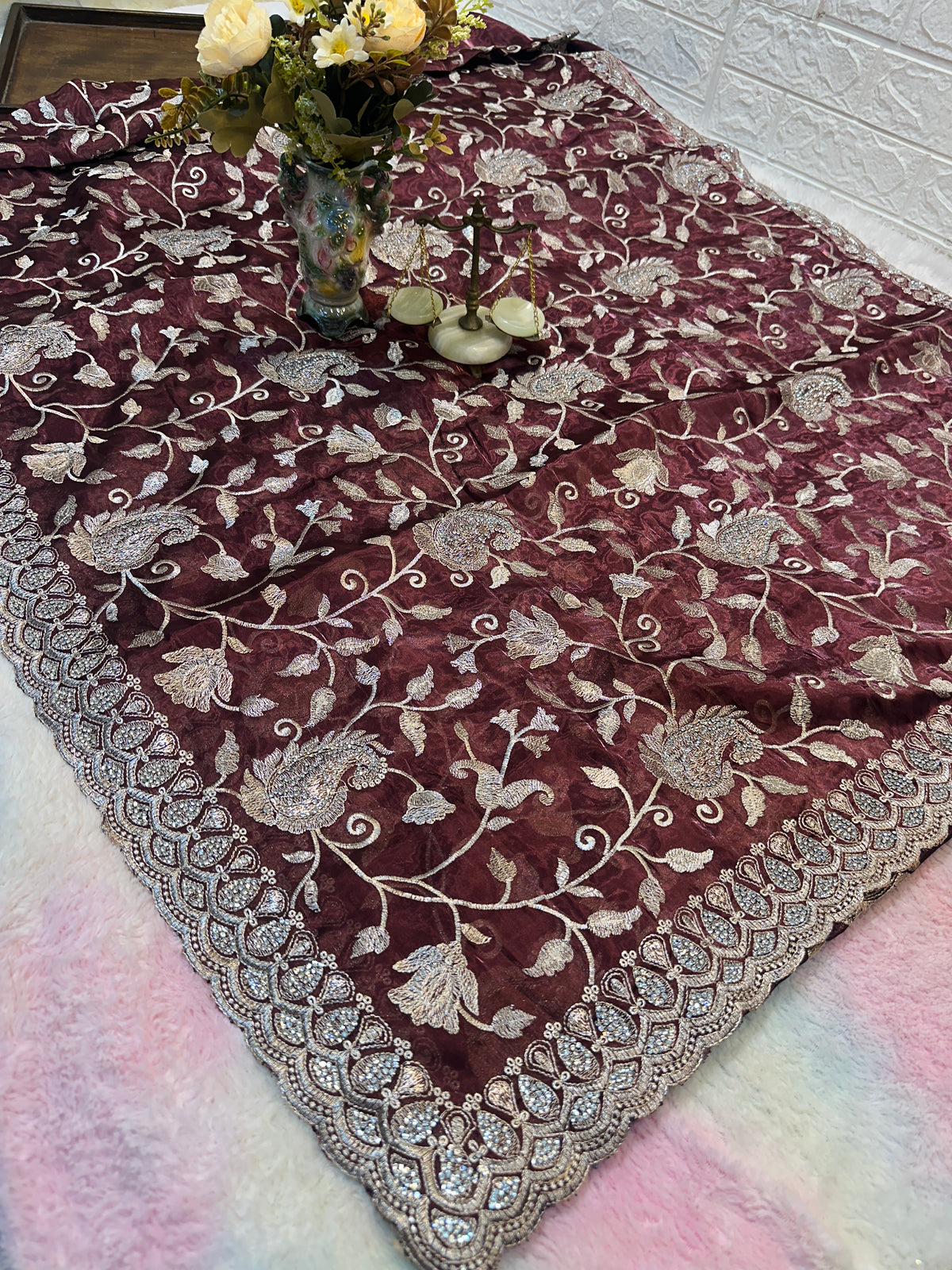 Buy 1 Get 1 FREE – Premium Dark Wine Zari Work Saree ✨