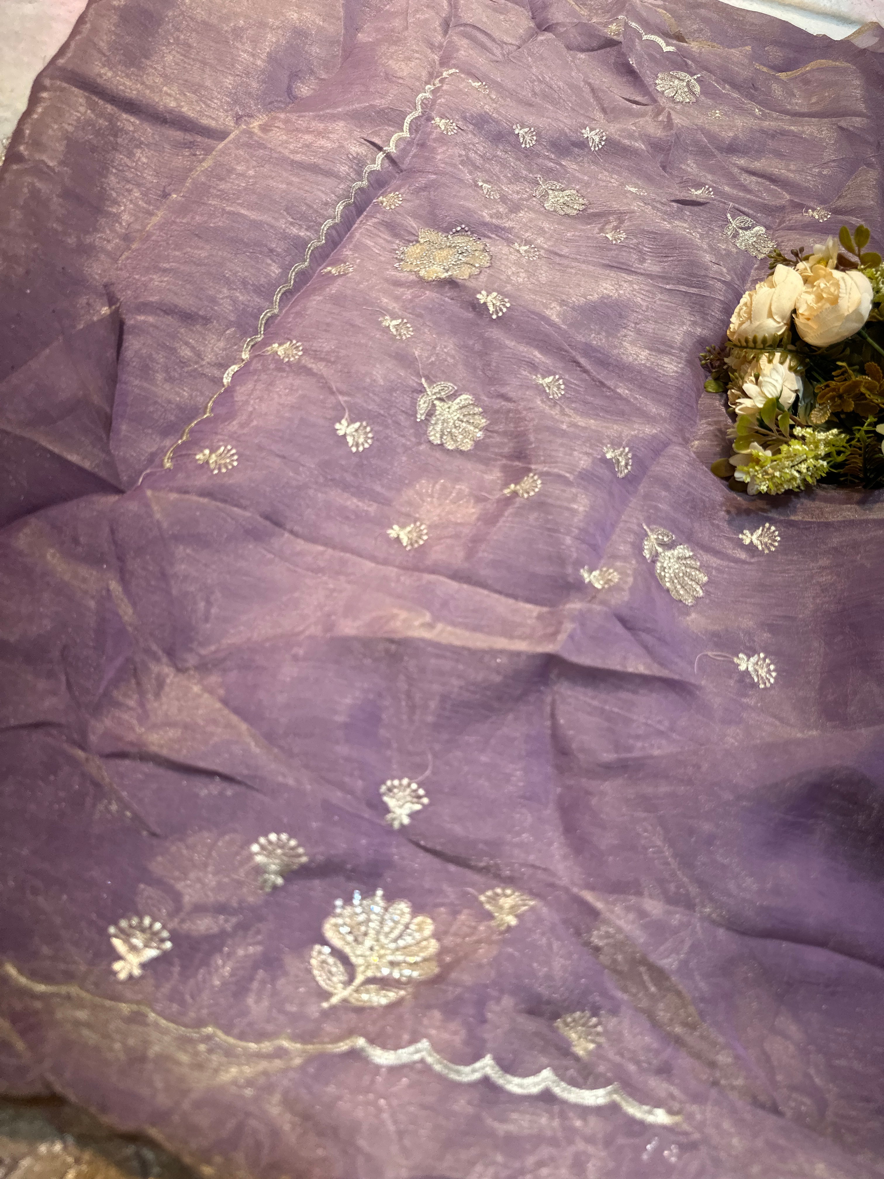 Lavender Grey Organza Saree with Silver Zarkhan Stone & Zari Floral Embroidery