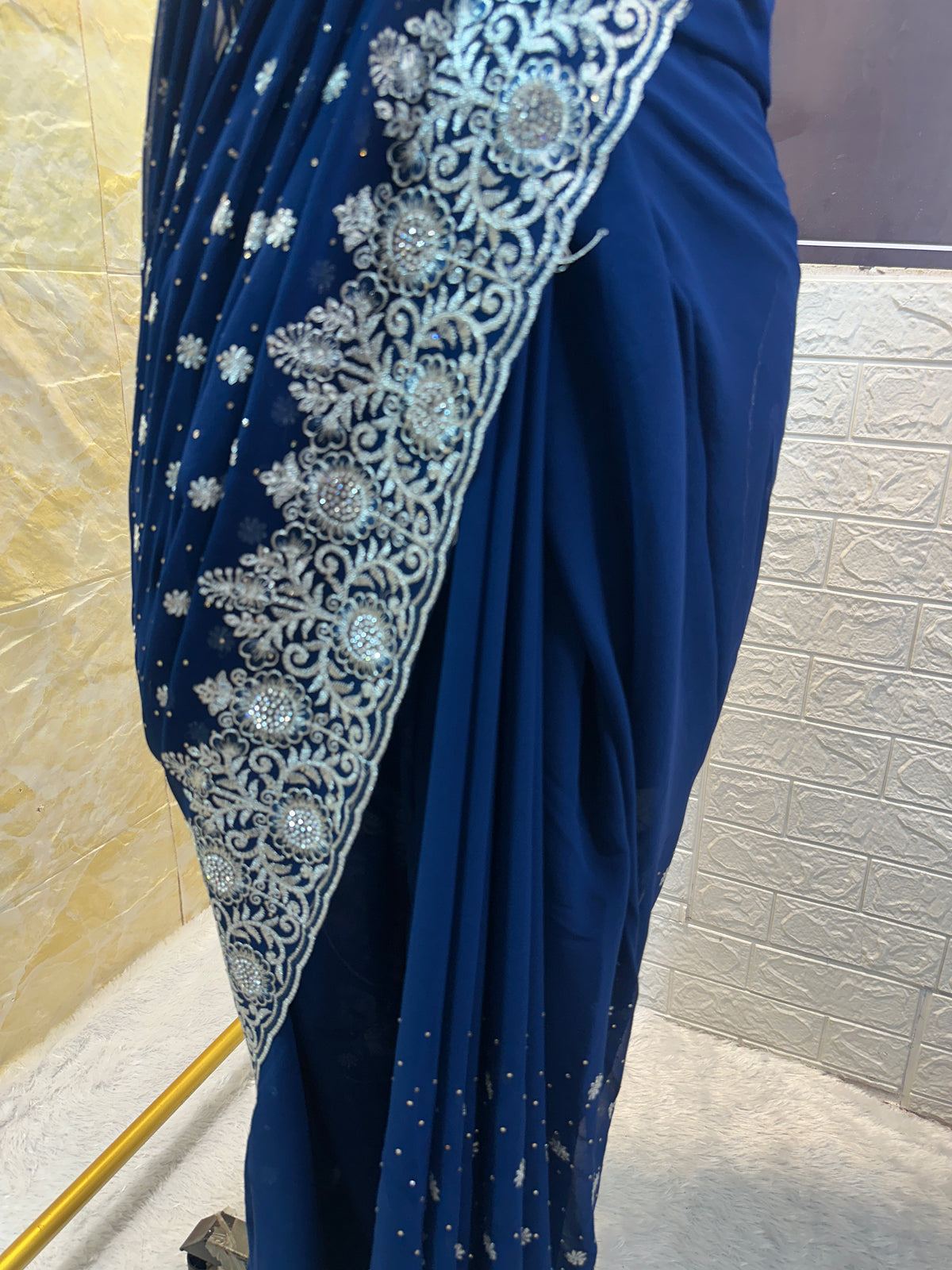 Navy Blue Georgette Saree with Silver Zari & Sequin Embroidery