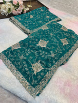 Premium Teal Green Zari Work Saree With Dupatta ✨