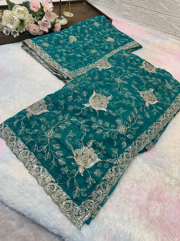 Premium Teal Green Zari Work Saree With Dupatta ✨