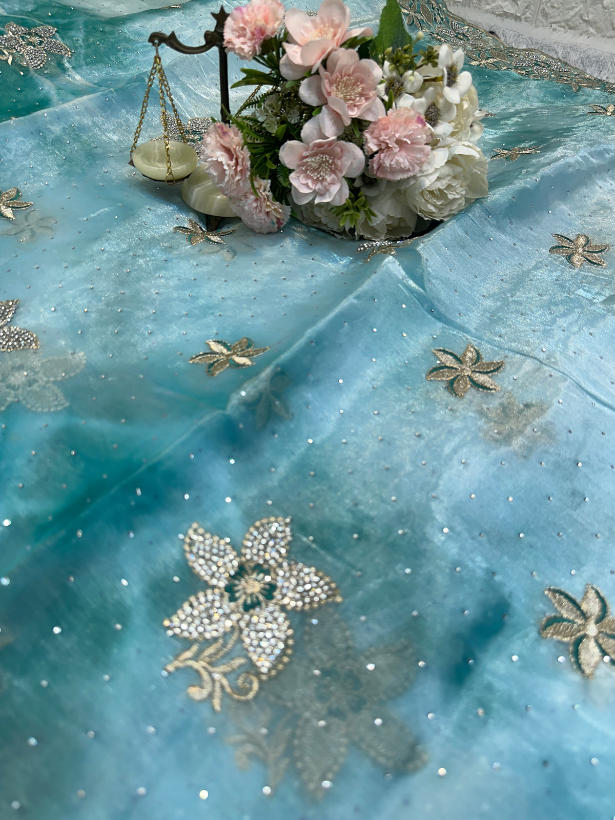 BUY 1 GET 1 FREE – Aqua Blue Floral Embroidered Saree