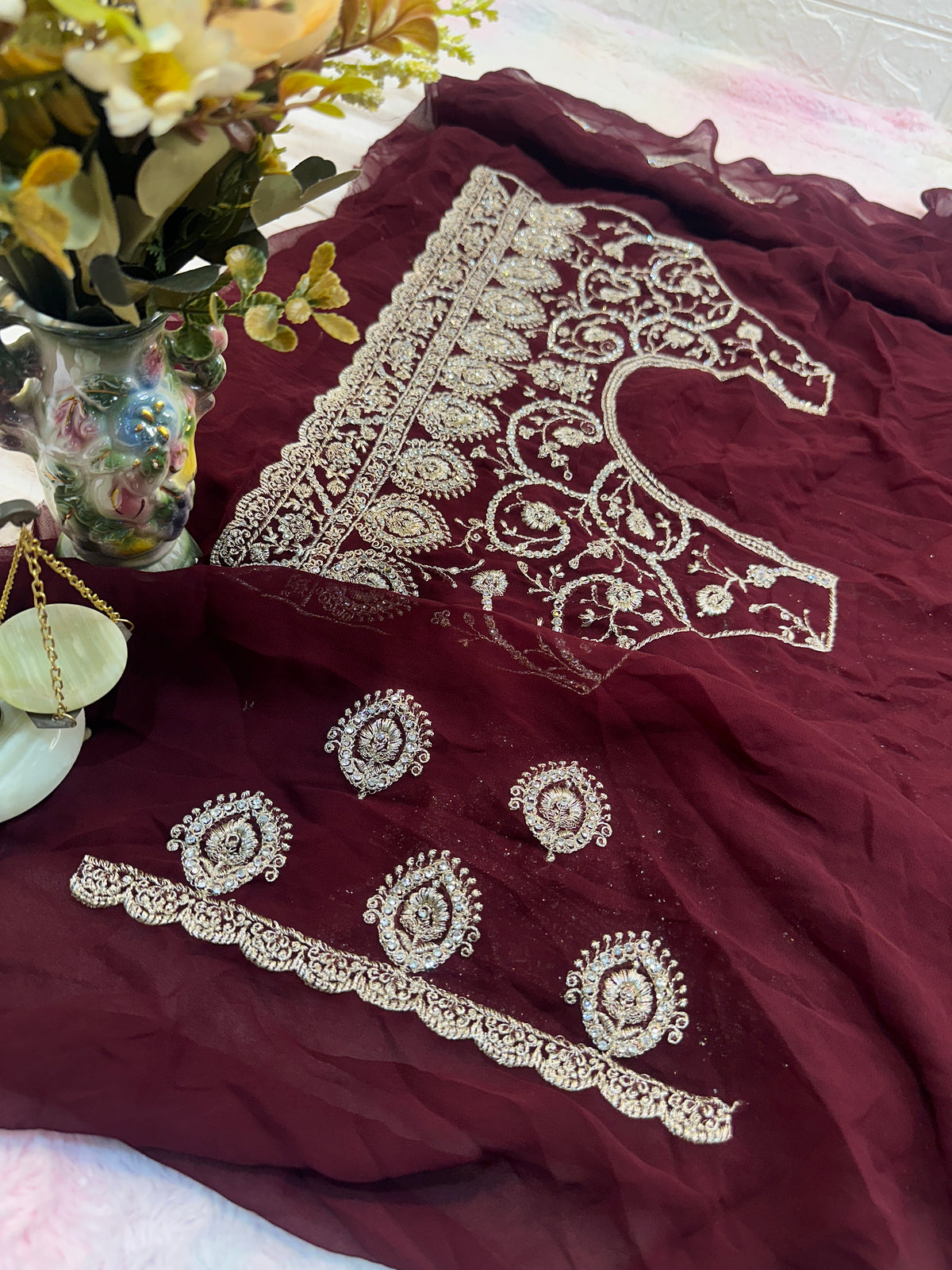 Premium Brown Saree with Dupatta | Heavy Embroidery & Stone Work