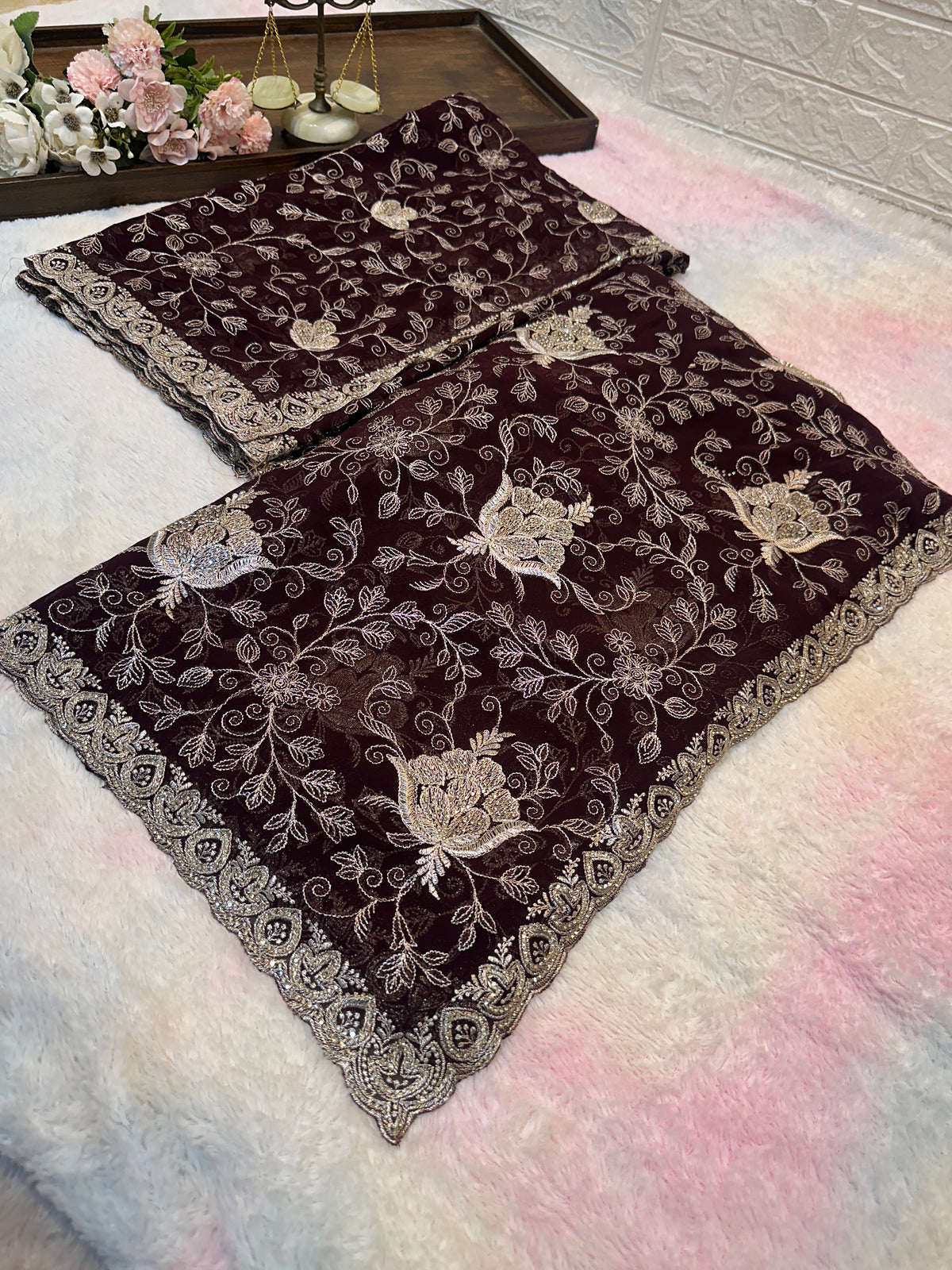 Premium Dark Chocolate Brown Zari Work Saree With Dupatta ✨