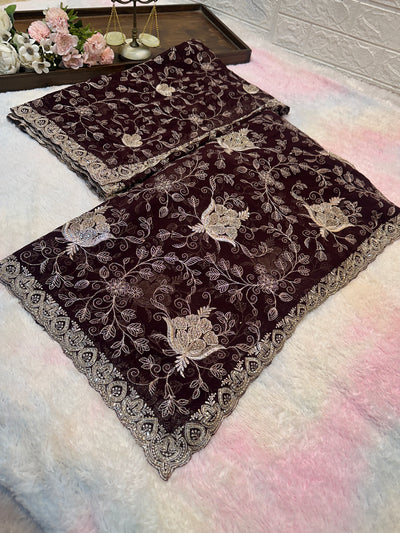Premium Dark Chocolate Brown Zari Work Saree With Dupatta ✨