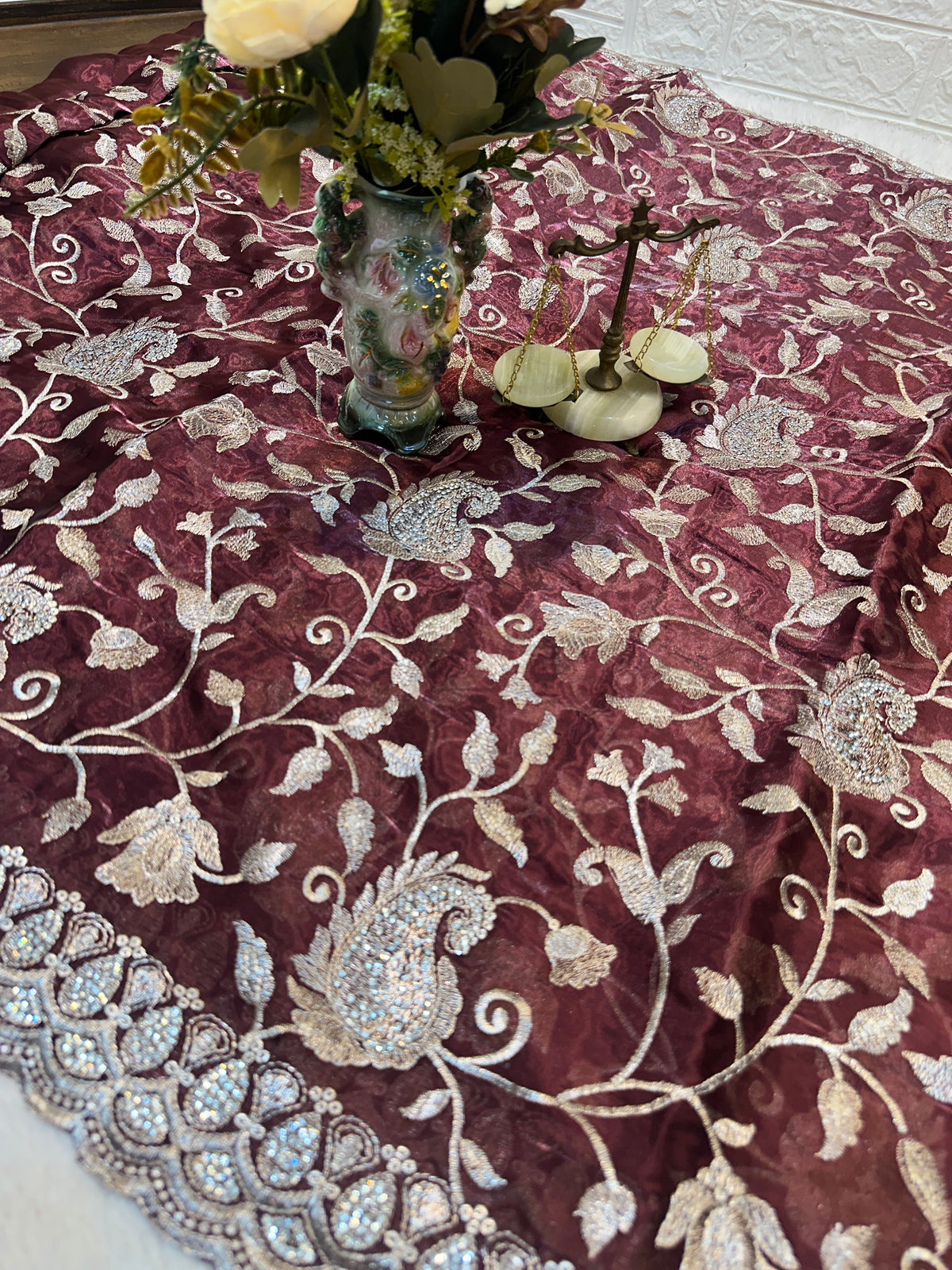 Buy 1 Get 1 FREE – Premium Dark Wine Zari Work Saree ✨