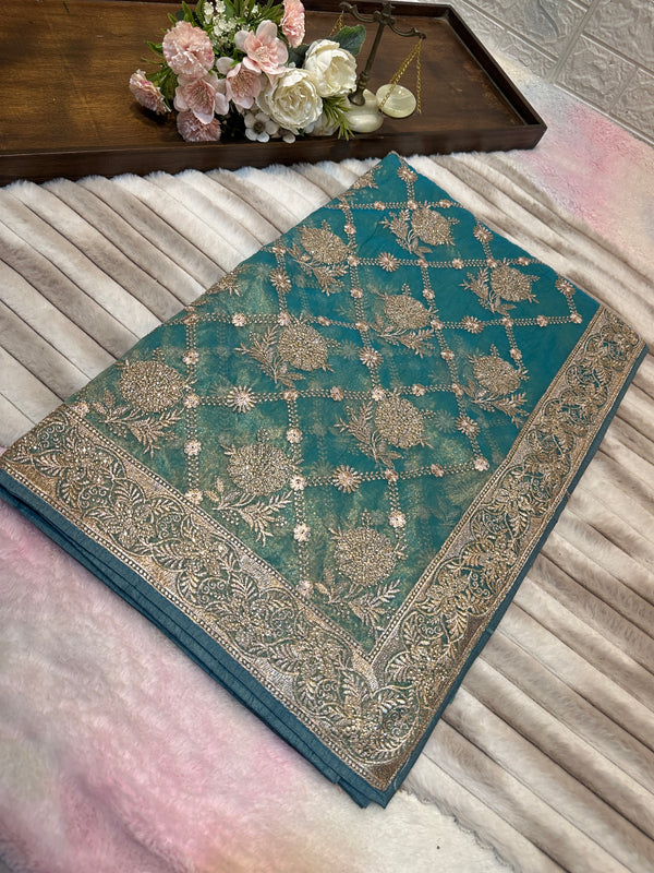 Teal Green Designer Saree with Zari & Zarkhan Work