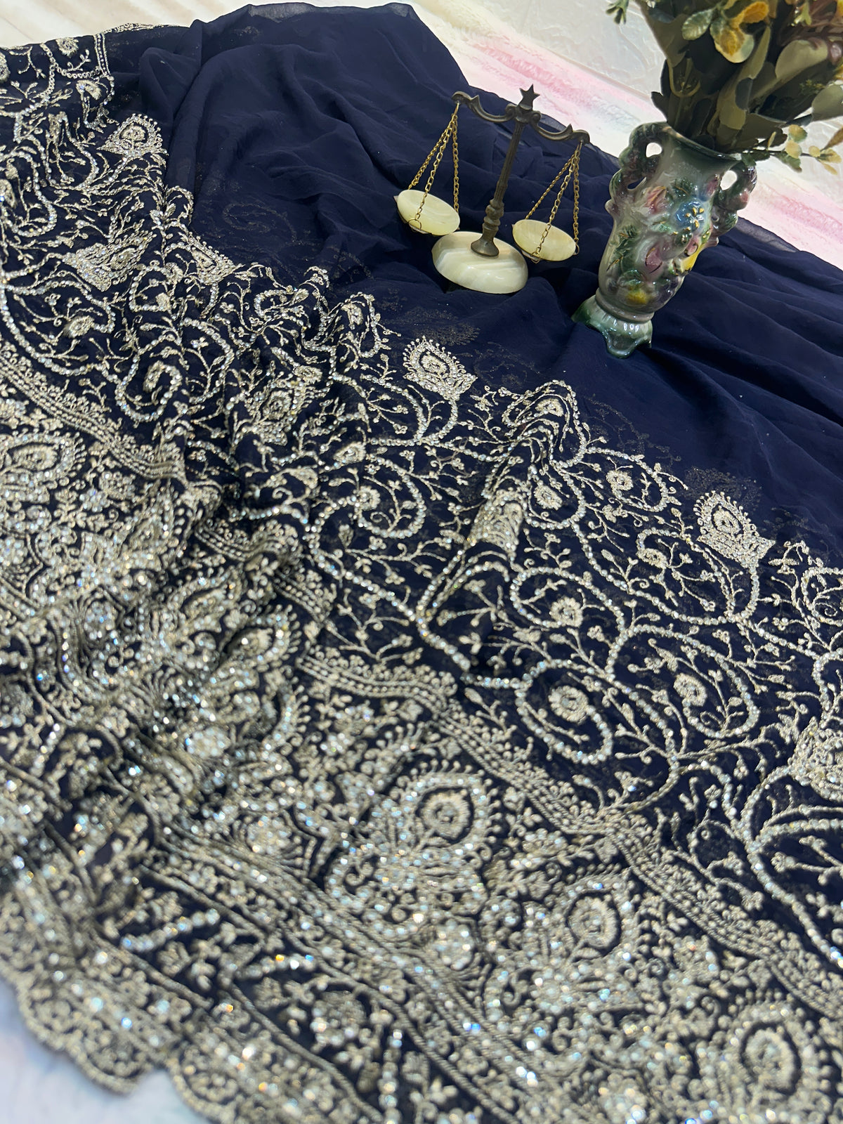Premium Navy Blue Saree with Dupatta | Heavy Embroidery & Stone Work