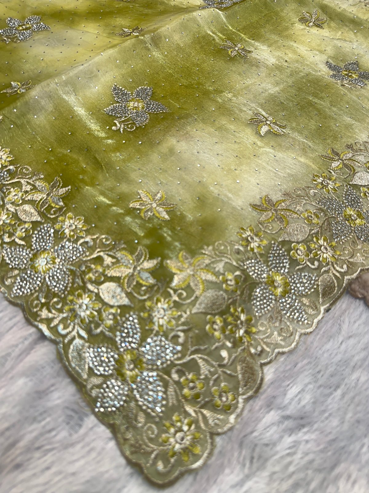 BUY 1 GET 1 FREE – Olive Green Floral Embroidered Saree