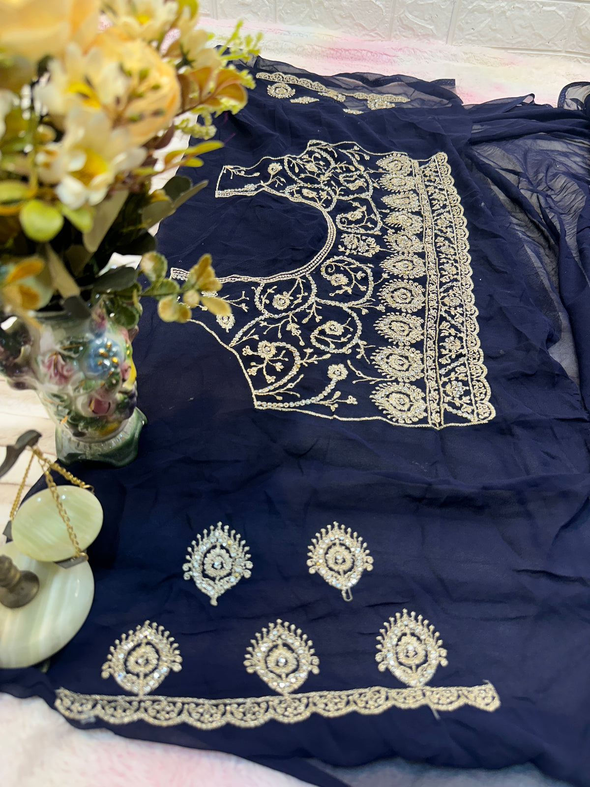 Premium Navy Blue Saree with Dupatta | Heavy Embroidery & Stone Work