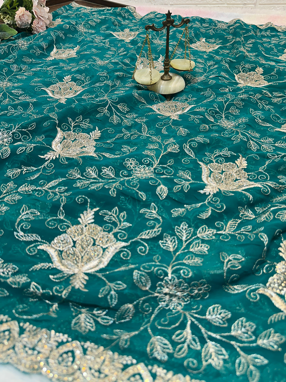Premium Teal Green Zari Work Saree With Dupatta ✨