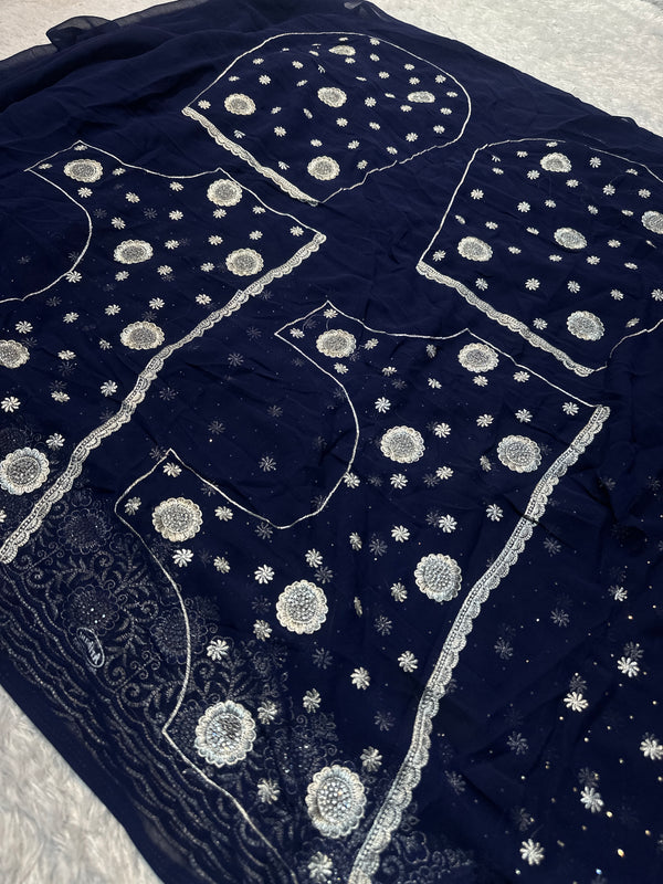 Royal Blue Georgette Saree with Silver Zari & Sequin Embroidery
