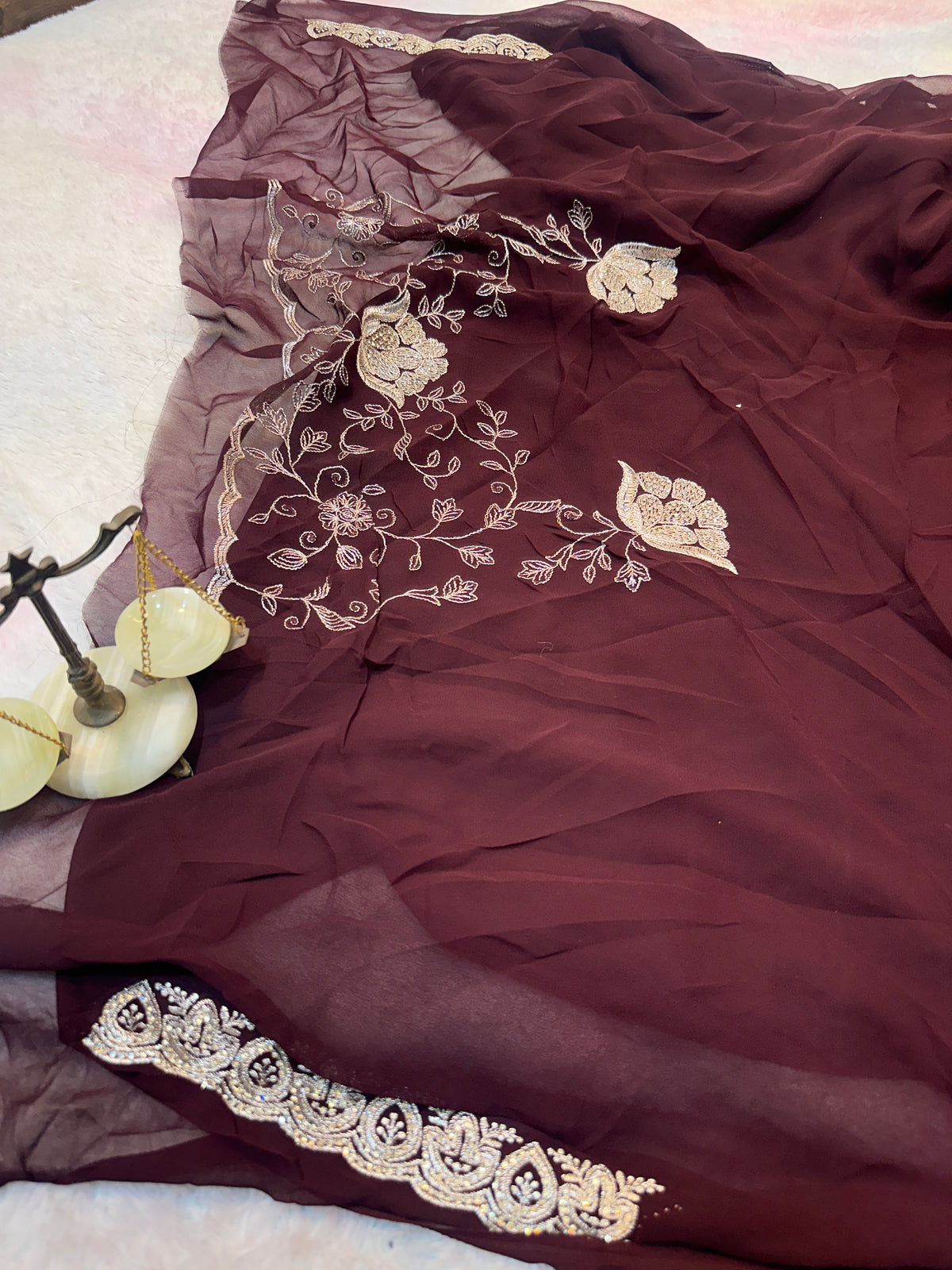 Premium Dark Chocolate Brown Zari Work Saree With Dupatta ✨