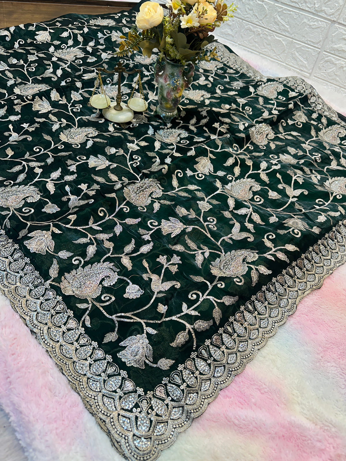 Buy 1 Get 1 FREE – Premium Dark Green Zari Work Saree ✨