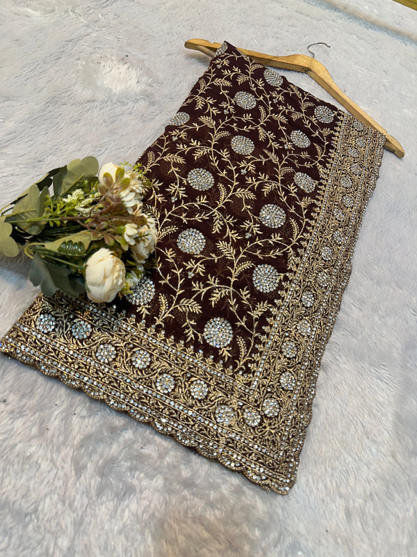 Brown Golden Zarkhan Embroidered Saree – Premium Designer Collection