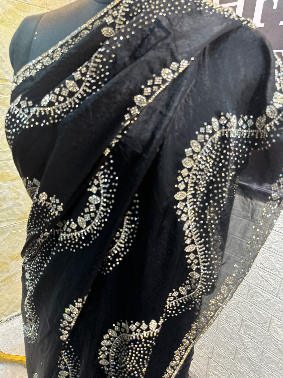Premium Jet Black Fendi Saree with Elegant Stone Work – Luxury Designer Party Wear, Wedding & Festive Collection