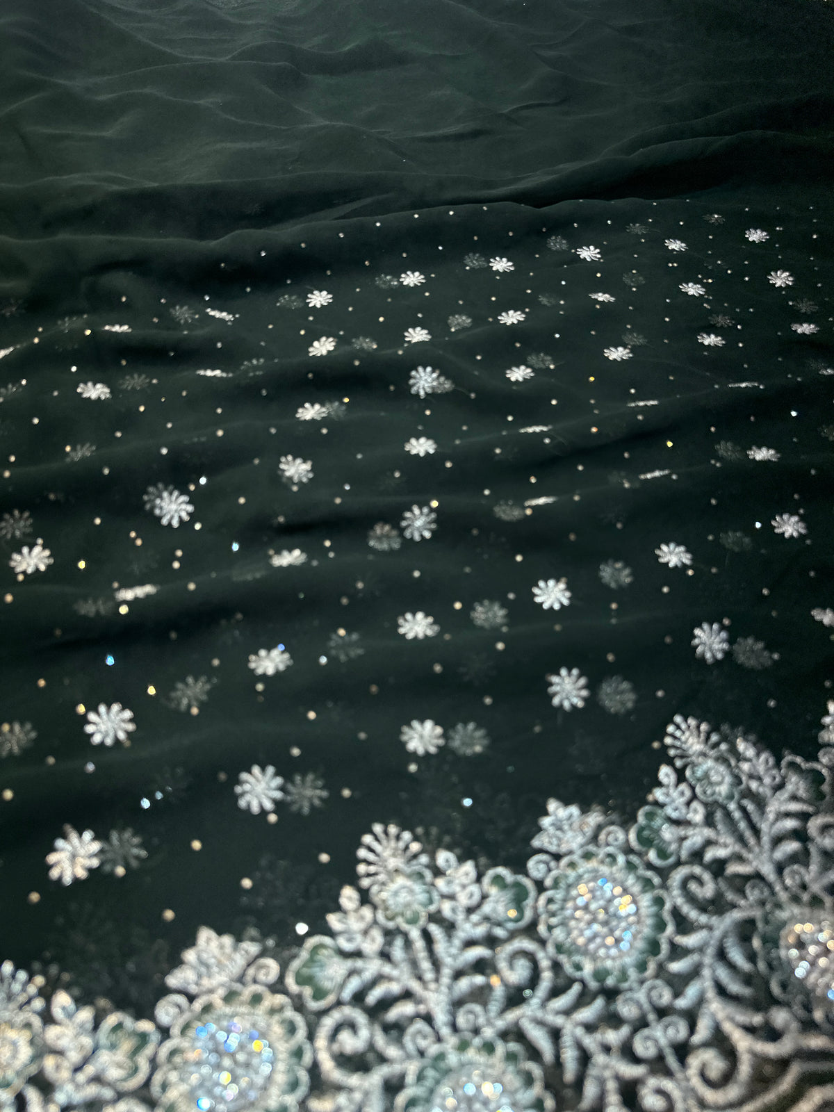Emerald Green Georgette Saree with Silver Zari & Sequin Embroidery