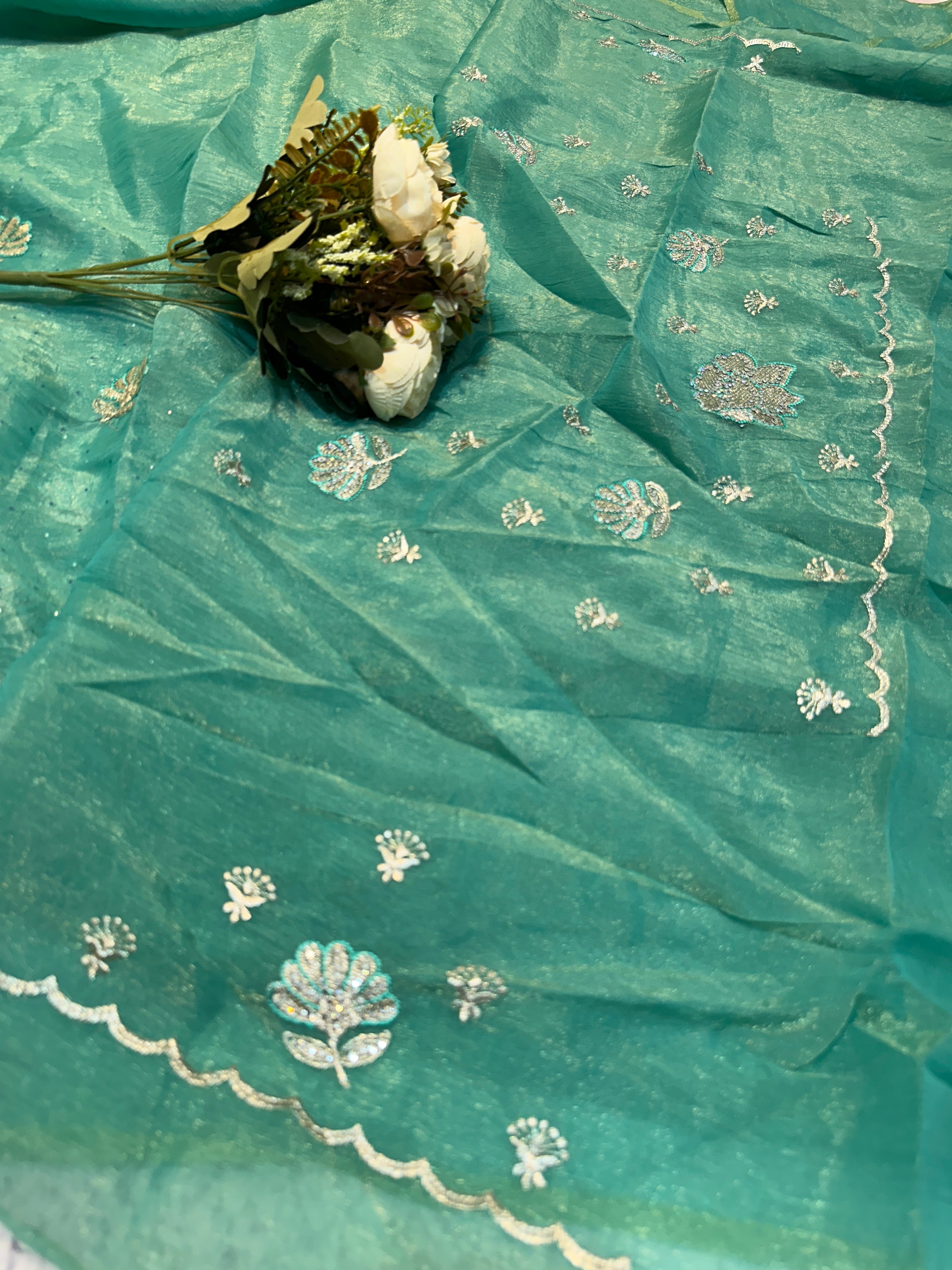 Sea Green Organza Saree with Zarkhan Stone & Zari Floral Embroidery