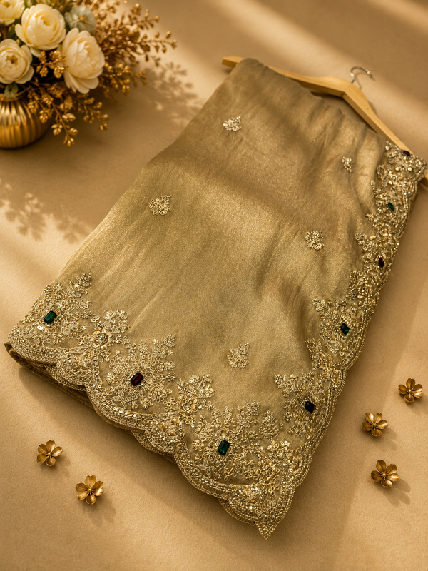 Premium Golden Gabana Designer Saree | Elegant Zari & Stone Work