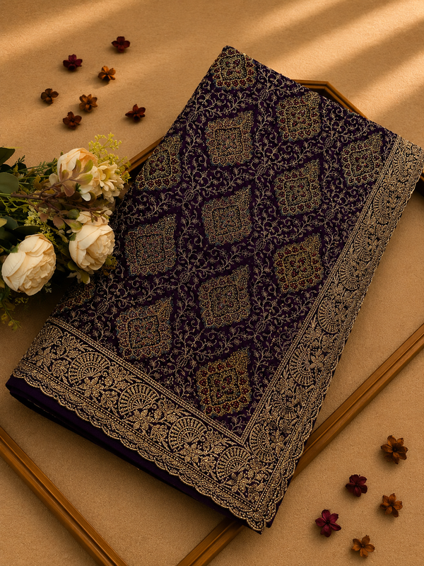 Premium Purple Georgette Kashmiri Work Designer Saree | Elegant Wedding & Festive Collection
