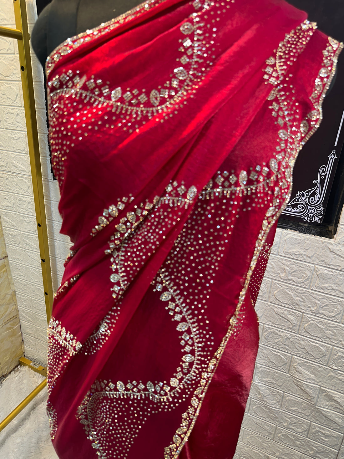 Premium Ruby Red Fendi Saree with Elegant Stone Work – Luxury Designer Party Wear, Wedding & Festive Collection