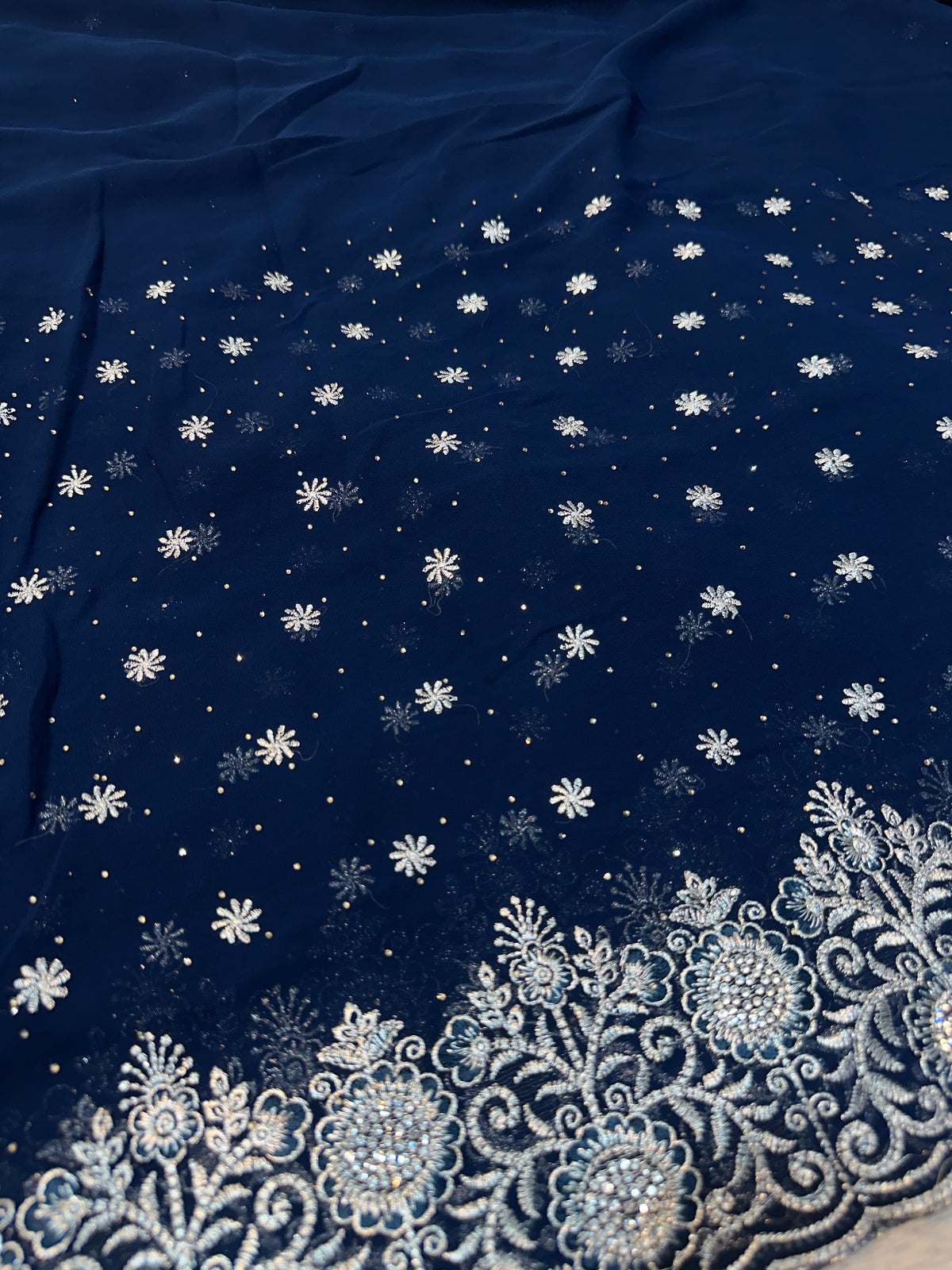 Navy Blue Georgette Saree with Silver Zari & Sequin Embroidery