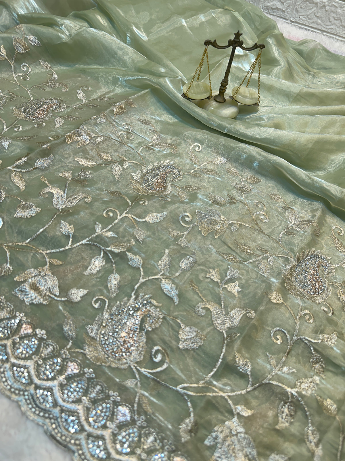 Buy 1 Get 1 FREE – Premium Sage Green Zari Work Saree ✨