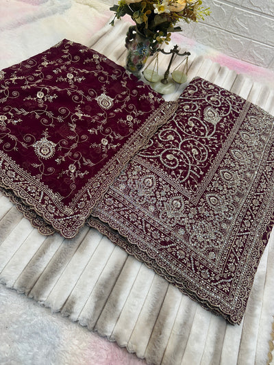 Premium Wine Saree with Dupatta | Heavy Embroidery & Stone Work