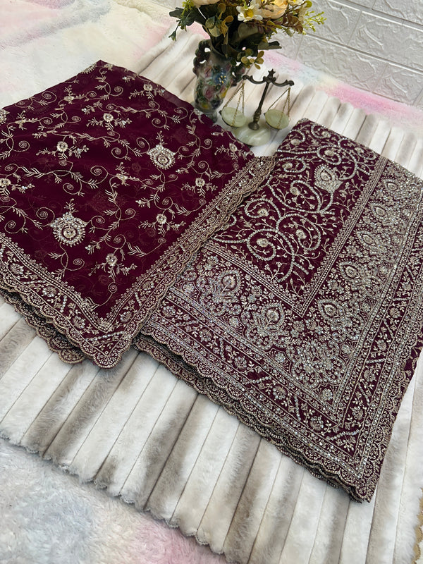 Premium Wine Saree with Dupatta | Heavy Embroidery & Stone Work