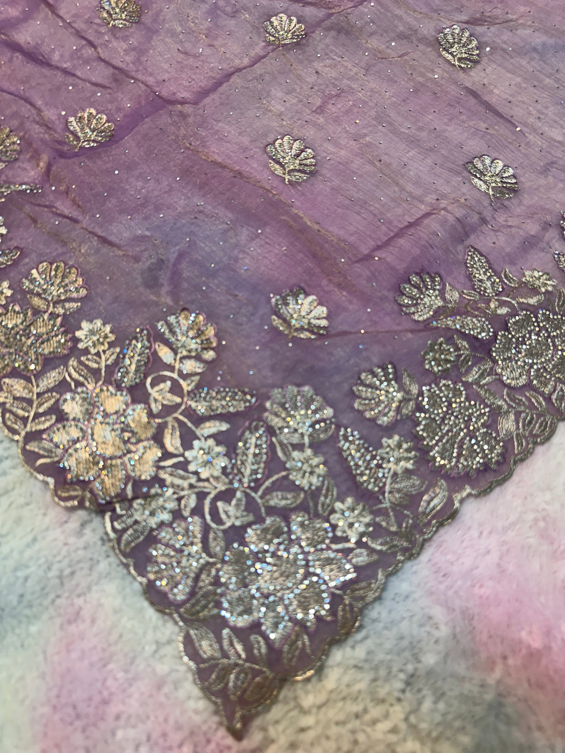 Lavender Grey Organza Saree with Silver Zarkhan Stone & Zari Floral Embroidery