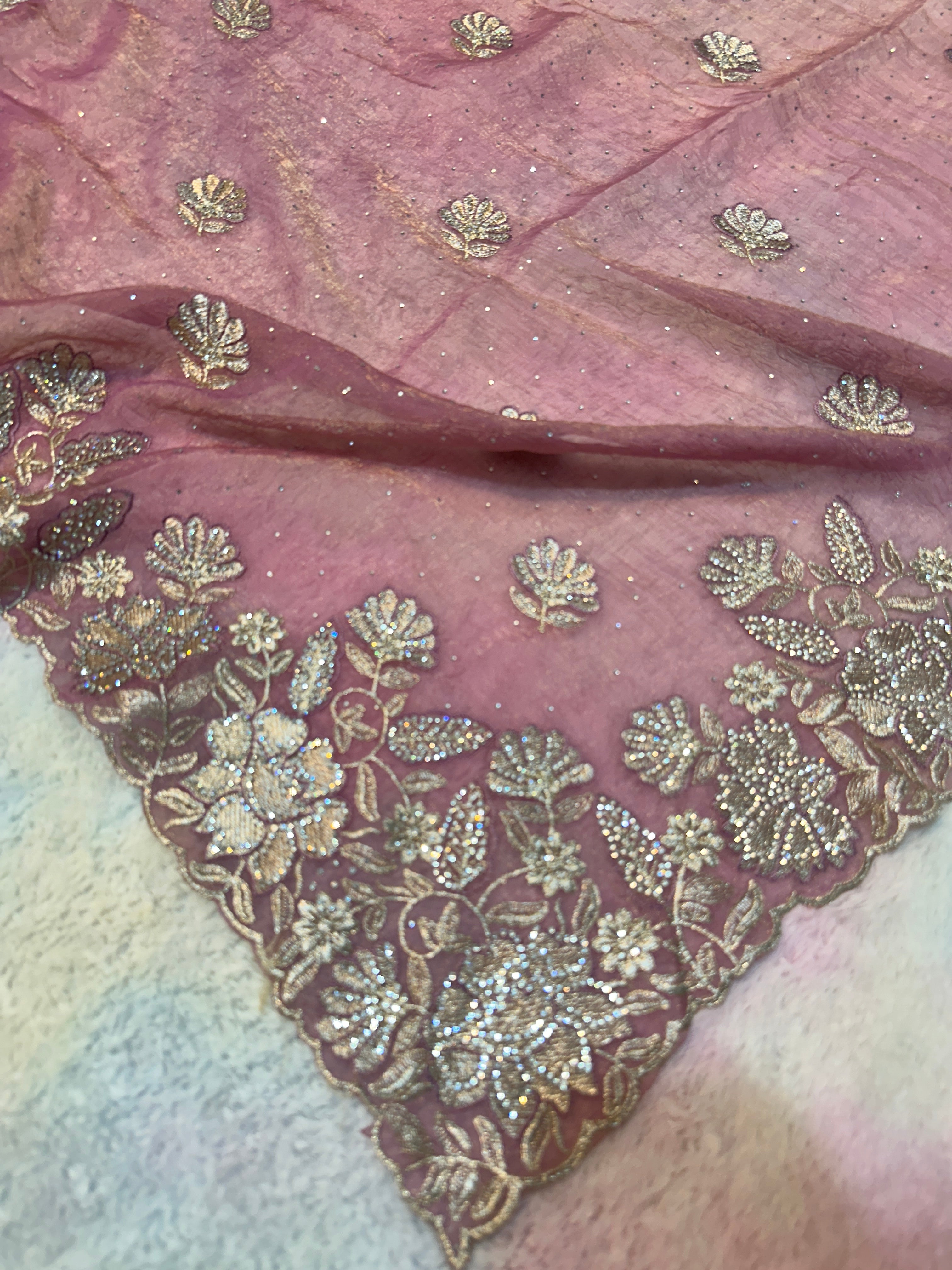 Dusty Rose Organza Saree with Zarkhan Stone & Zari Floral Embroidery