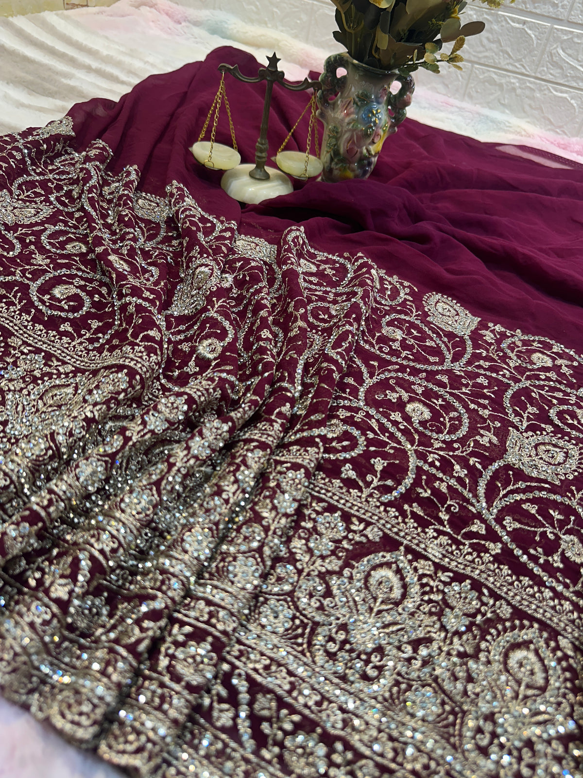 Premium Wine Saree with Dupatta | Heavy Embroidery & Stone Work