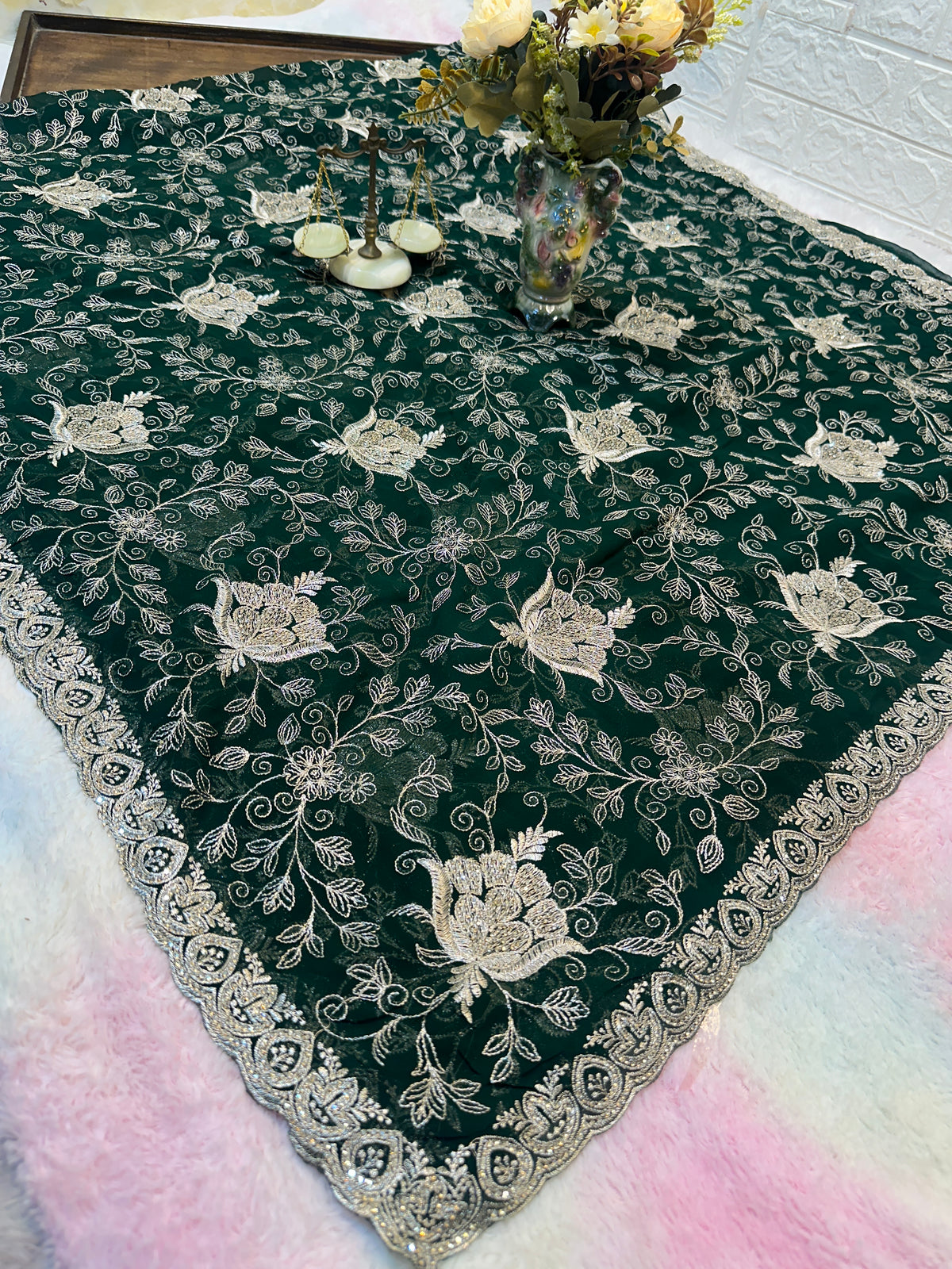 Dark Green Designer Saree With Dupatta – Elegant Floral Embroidery